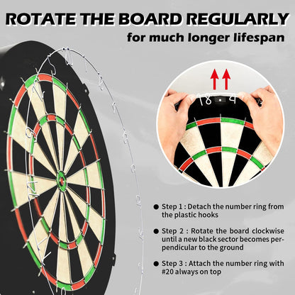 Sisal/Bristle Dartboard with Staple-Free Bullseye 17.8" X1.5 and 12 Stainless Steel Tip Darts 18G, Dartboard Mounting Kits Included