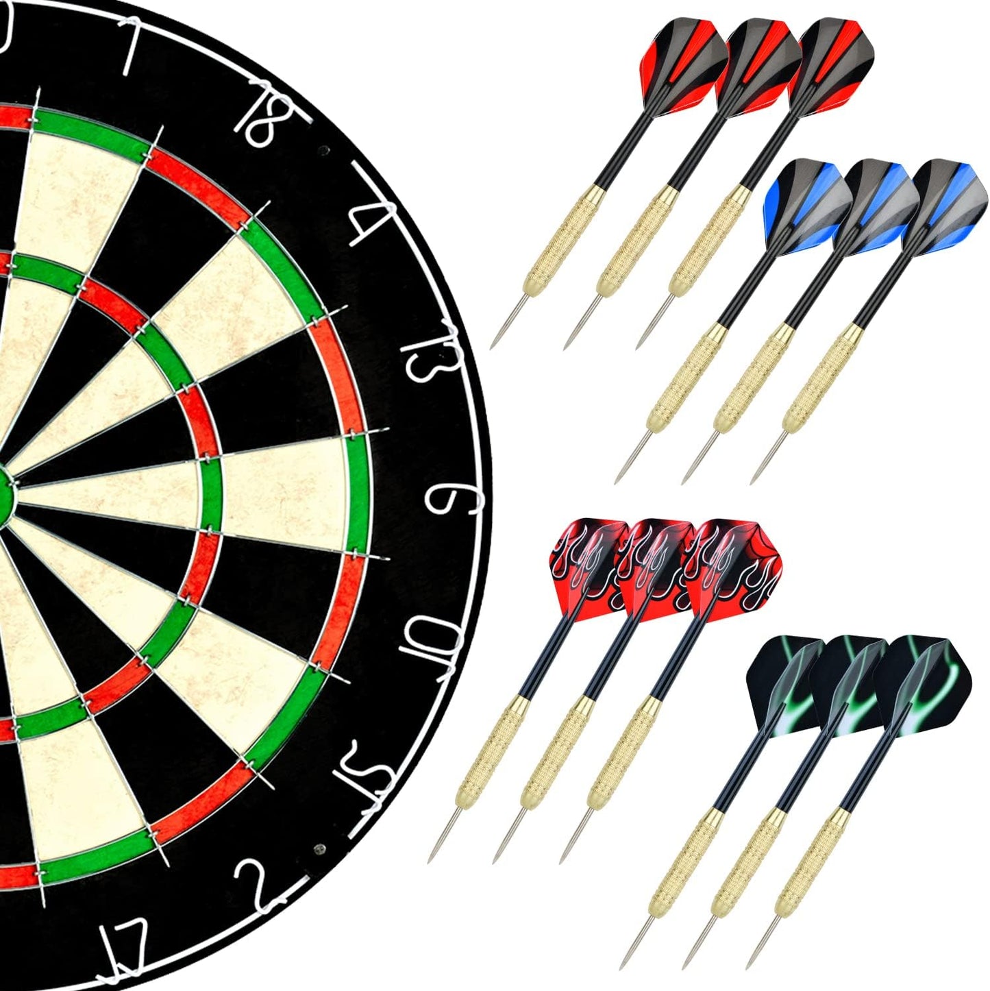 Sisal/Bristle Dartboard with Staple-Free Bullseye 17.8" X1.5 and 12 Stainless Steel Tip Darts 18G, Dartboard Mounting Kits Included