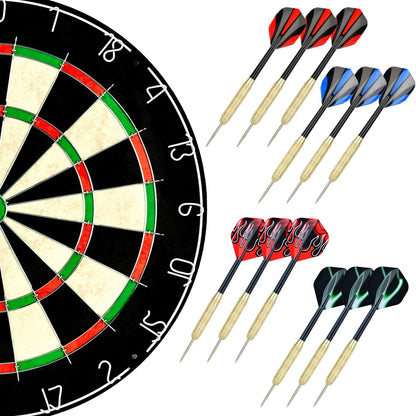 Sisal/Bristle Dartboard with Staple-Free Bullseye 17.8" X1.5 and 12 Stainless Steel Tip Darts 18G, Dartboard Mounting Kits Included