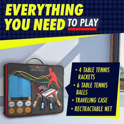 Ping Pong Paddles Set - Table Tennis Rackets and Balls, Retractable Net with Posts and Storage Case - Pingpong Paddle and Game Table Accessories