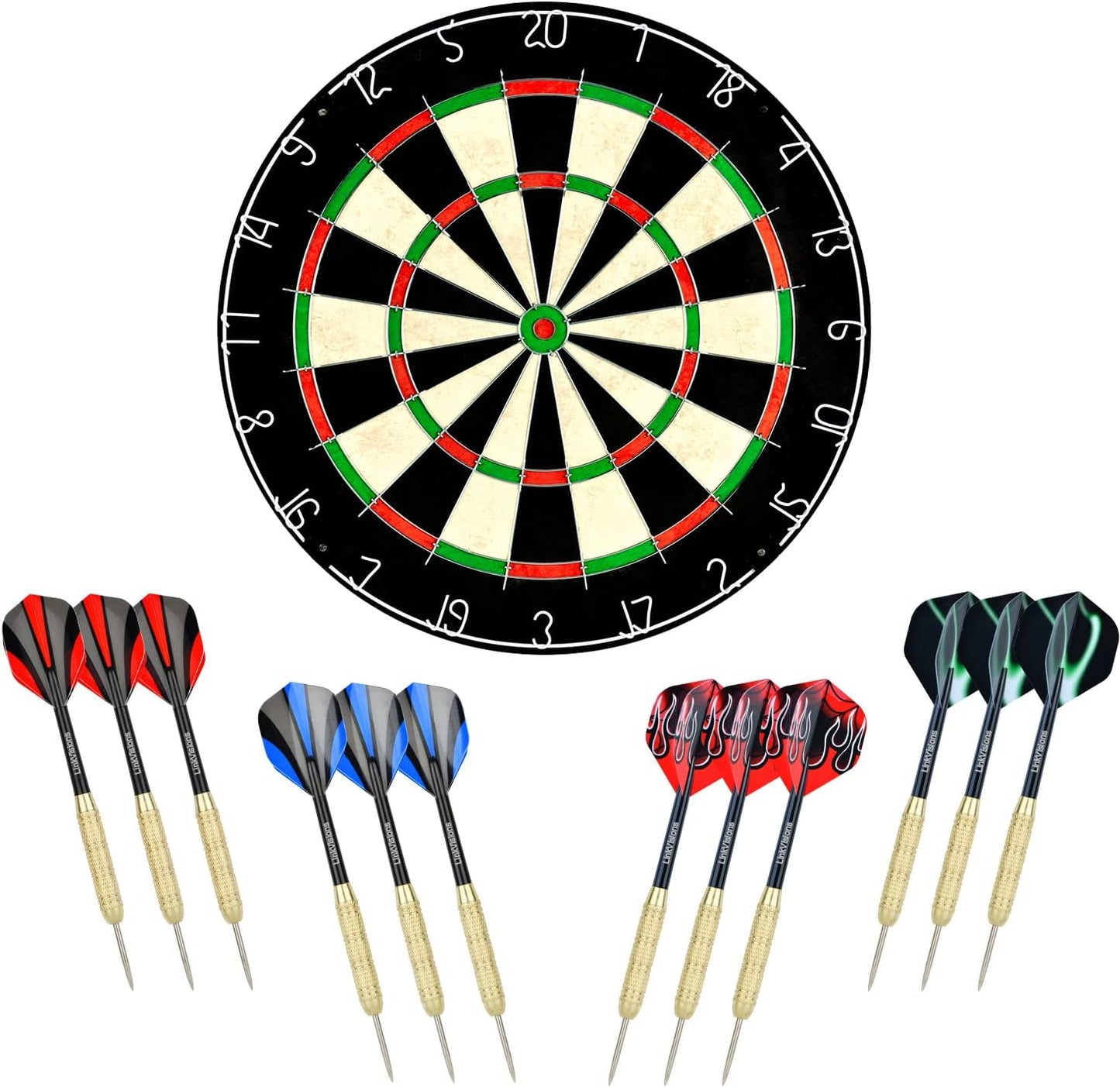 Sisal/Bristle Dartboard with Staple-Free Bullseye 17.8" X1.5 and 12 Stainless Steel Tip Darts 18G, Dartboard Mounting Kits Included