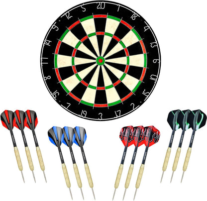 Sisal/Bristle Dartboard with Staple-Free Bullseye 17.8" X1.5 and 12 Stainless Steel Tip Darts 18G, Dartboard Mounting Kits Included