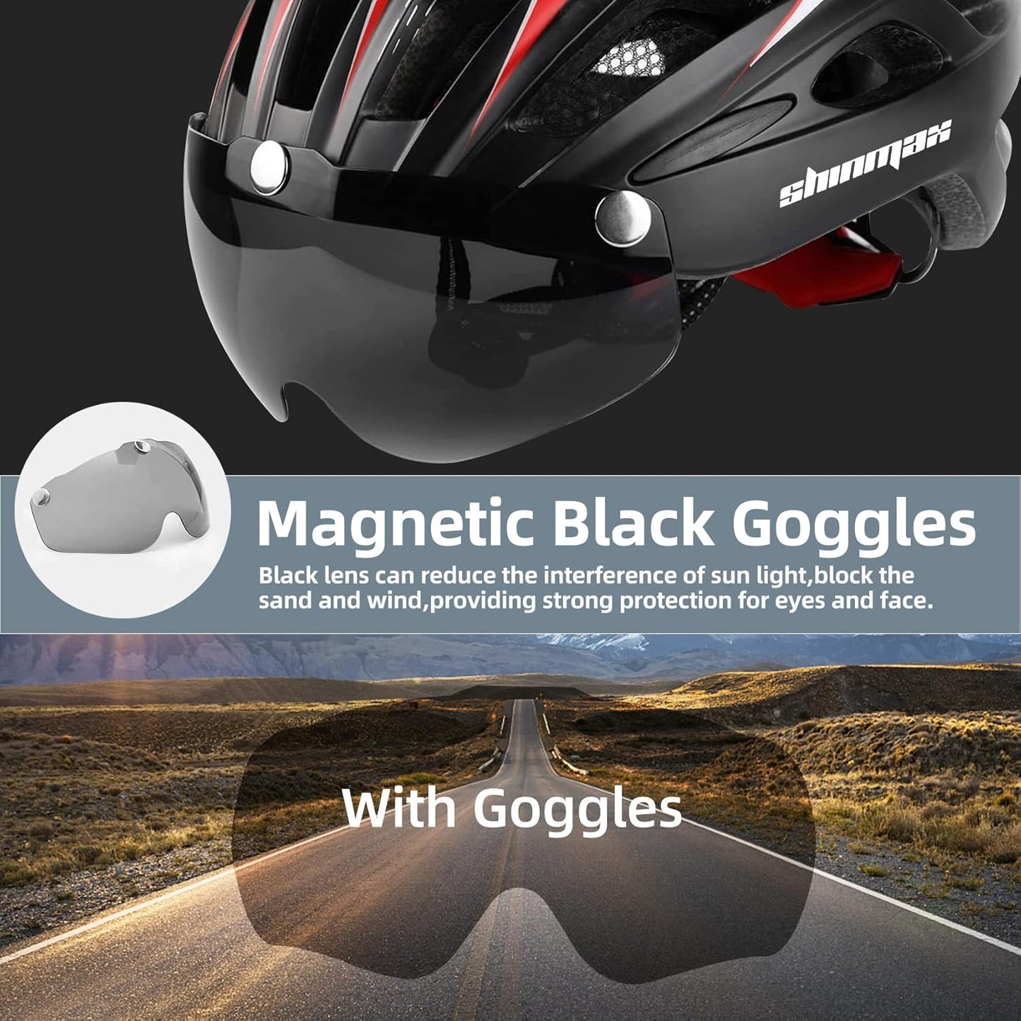 Bike Helmet, CPSC/CPC Certificated Bicycle Helmet with Detachable Magnetic Goggles&Led Back Light&Portable Backpack Cycling Helmet Adjustable Mountain Bike Helmet for Adult Men Women SM-T69