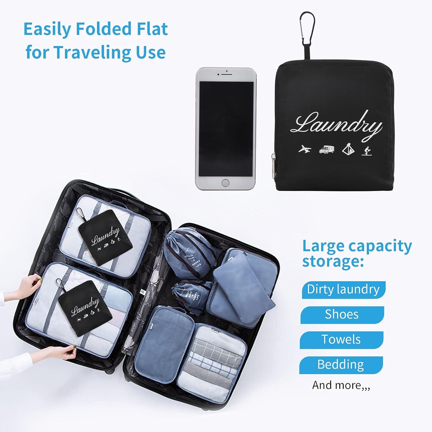 2 Pcs Travel Laundry Bag,  Dirty Clothes Bag 【Upgraded】 with Handles and Aluminum Carabiner, Collapsible Laundry Bag for Travel, Camp, Fitness, and Students（Black） 24"L X 21"W