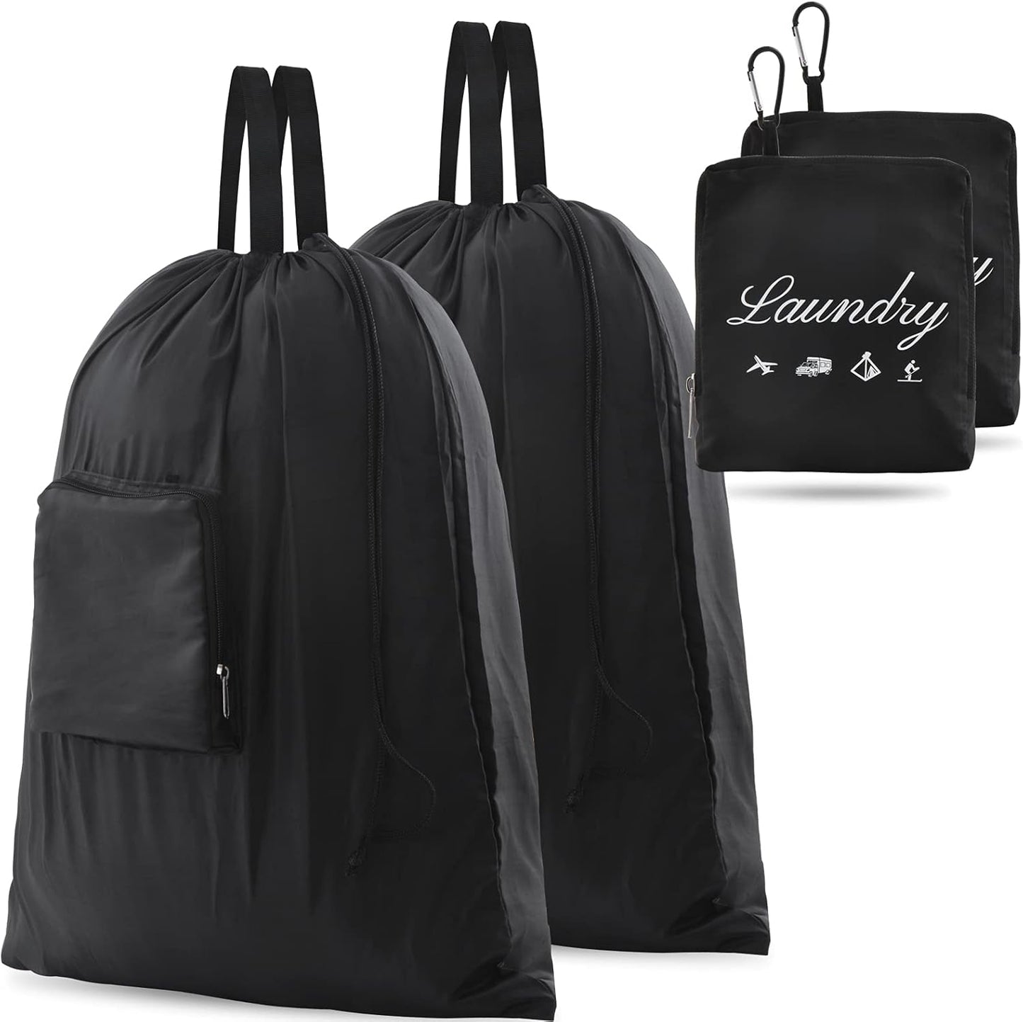 2 Pcs Travel Laundry Bag,  Dirty Clothes Bag 【Upgraded】 with Handles and Aluminum Carabiner, Collapsible Laundry Bag for Travel, Camp, Fitness, and Students（Black） 24"L X 21"W