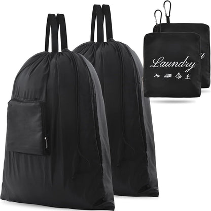 2 Pcs Travel Laundry Bag,  Dirty Clothes Bag 【Upgraded】 with Handles and Aluminum Carabiner, Collapsible Laundry Bag for Travel, Camp, Fitness, and Students（Black） 24"L X 21"W