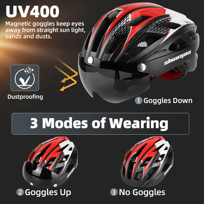 Bike Helmet, CPSC/CPC Certificated Bicycle Helmet with Detachable Magnetic Goggles&Led Back Light&Portable Backpack Cycling Helmet Adjustable Mountain Bike Helmet for Adult Men Women SM-T69